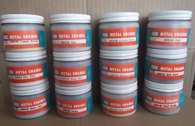 Vintage AMACO Metal Enamel Powders (12) 2oz containers various colors, Batch 3