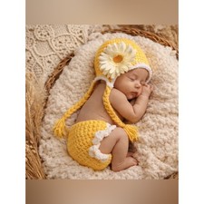 Crochet Baby Set Yellow Daisy Hat Diaper Cover Newborn Photo Prop Outfit