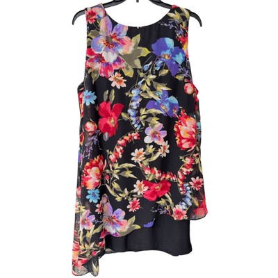 Ignite Evenings Dress 18 Black Multi Floral Sheer Cape Overlay Asymmetrical  | eBay