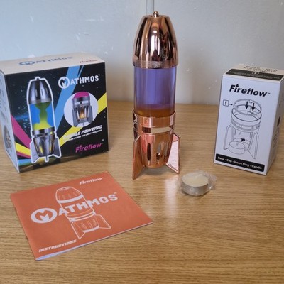 Mathmos Kupfer FIREFLOW KERZE betriebene Lavalampe mit orangefarbenem Wachs violette Flüssigkeit,