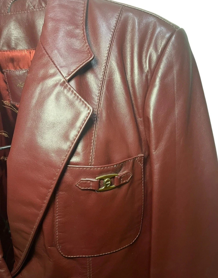 Chaqueta Abrigo Blazer Mujer Vintage Etienne Aigner Cuero Borgoña Talla 10 Foto 3 de 4