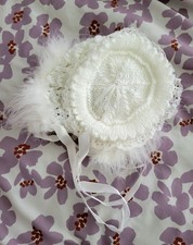 Vintage Handmade Crocheted Baby Bonnet Lace Fur Trim Pearl Flower Infant Hat 6mo