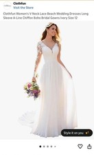 Clothfun V-Neck Lace Long Sleeve A-Line Chiffon Wedding Dress Ivory Size 12