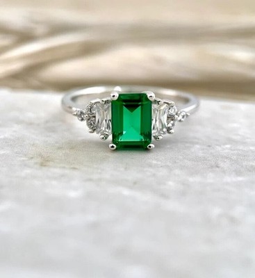 4.00 Ct Emerald Cut Natural Emerald Diamond Wedding Ring 14K White Gold Size 8
