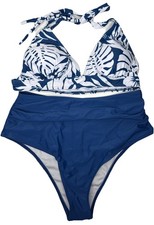 SHEIN Triangle Halter Bikini Set White/Blue Medium Two Piece Swim