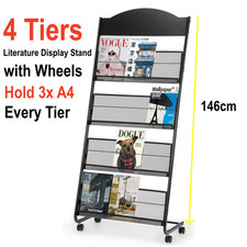 4-Tier Magazine Rack A4 Brochure Literature Display Stand Floor-Standing w/Wheel
