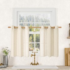 LAMIT Short Linen Window Curtains 30 Inches 34"W x 30"L Pack of 2 , Beige