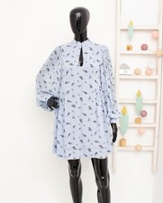 GANNI Crepe Dress Blue Floral Pleated Loose Fit Shift Dress Balloon Sleeves 34