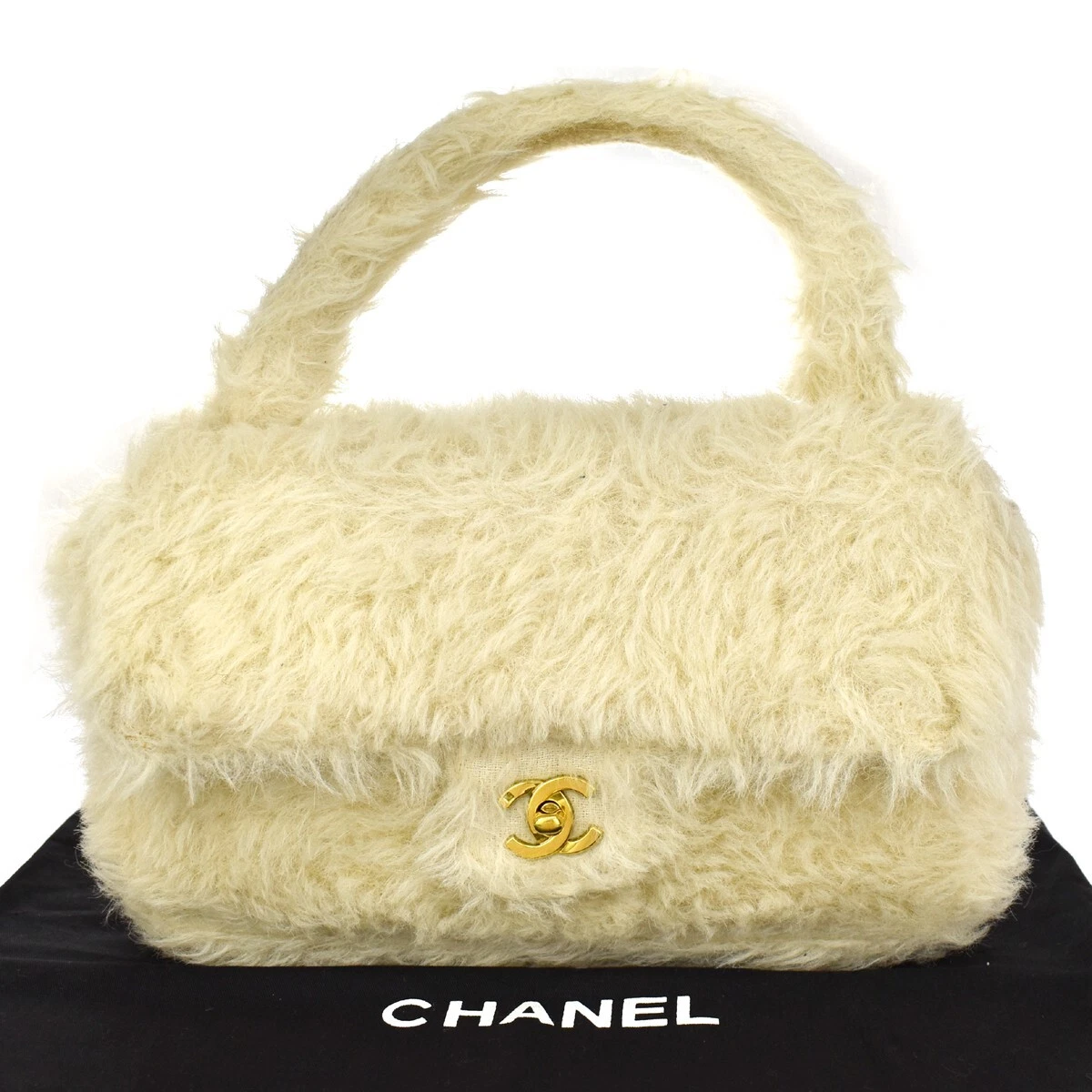 RARE!! CHANEL CC Logo Hand Bag Fur Leather Ivory France Vintage 274LC171