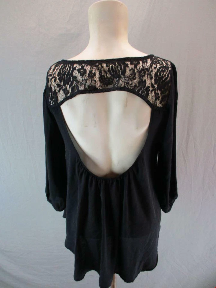 Soprano Size M Womens Black Lace 3/4 Sleeve Open Back Blouse Shirt Top 6G752 - Image 4 of 4