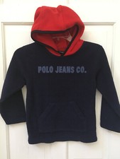 VTG Polo Jeans Co Ralph Lauren Patriotic Spellout Blue Fleece Hoodie Boys SZ 6