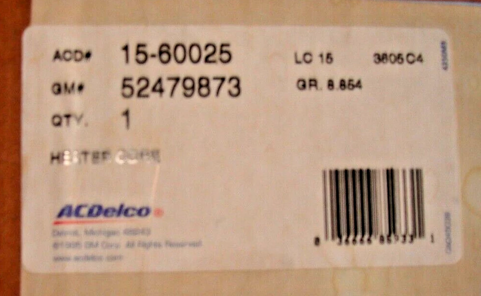 Núcleo de calefacción AC Delco #15-60025 para camionetas Chevrolet y GMC 1984-96 G10-G-30 con aire acondicionado Foto 4 de 4