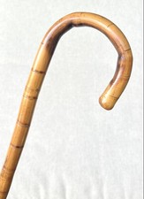 Vintage Antique Classic Bamboo Wood Brass Tip Crook Handle Walking Stick Cane