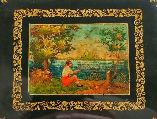 🔥Mstera AGITLAK scatola lacca russa anni '30 "Pioneer on fishing" Palekh URS... - Foto 2 di 18