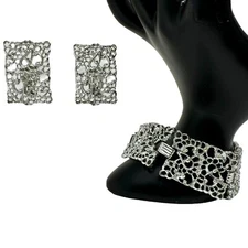 Vintage EMMONS Silver Tone Filigree Rectangle Panel Link Bracelet and Earrings