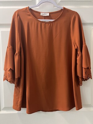 Ces Femme Women s Shirt Top Blouse Burnt Orange 3/4 Bell Sleeve Size Small