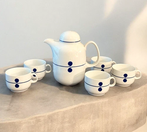 Vintage Arzberg Germany Colon Blue Coffee Pot with Lid & 5 Cups Mugs 7 Pcs Dot