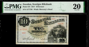 Sweden 10 Kronor 1917 PMG 20 Pick # 27l PMG Population 1/1