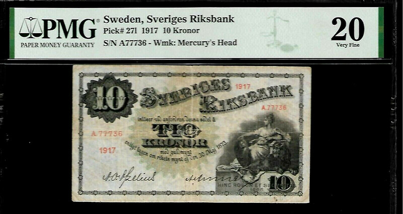 Sweden 10 Kronor 1917 PMG 20 Pick # 27l PMG Population 1/1