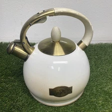 Susteas Whistling Tea Kettle Beige with Gold Accents Beautiful And Sturdy