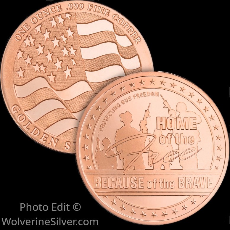 1 Oz. Solid .999 Fine Copper Round - Because of the Brave - Golden State Mint