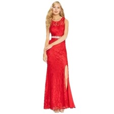Juniors Sz 7 Red Dress Formal Prom Hoco Floor Length Slit Leg Rhinestone Belt