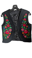 Vintage Black Wool Hungarian Folk open Vest w/ Embroidered Flowers vtg floral