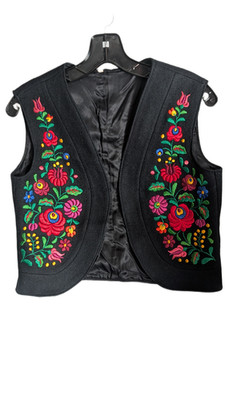 Vintage Black Wool Hungarian Folk open Vest w/ Embroidered Flowers vtg floral
