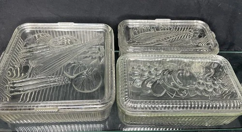 Set of 3! Vintage Federal Glass Refrigerator Dishes Ribbed Vegetable Design 6 Pc