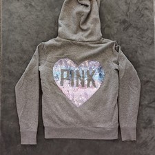 Victoria's Secret PINK Purple Sequin Love Logo Faux Fur Zip Up Hoodie Gray Small