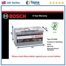 AGM Car Battery S5A13 Bosch 019 AGM 850A 95Ah 5Yr WTY 353x175x190 Start Stop