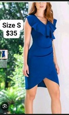 Blue Sheath Cocktail Dress Knee Length Ruffle Accents S/M Sleeveless V-Neck