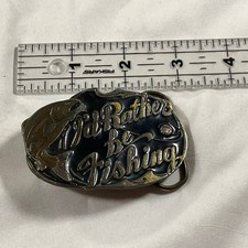 1985 GAP Brass Pewter Belt Buckle I'd Rather Be Fishing Mfg 523 2 3/4" Wide USA