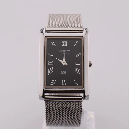 Vintage Seiko Slim Quartz Black Dial Men's Wrist Watch with Mesh Band