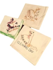 Vintage Large Embroidered Linen Colonial Girl 3 Kitchen Towel Set 28’’