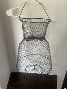 Vintage Collapsible Fishing Basket Steel Mesh Cage Fish Basket 18"Tall