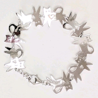 Kitty Cat Passion Link Bracelet with Hearts -  Sterling Silver - Limited Edition