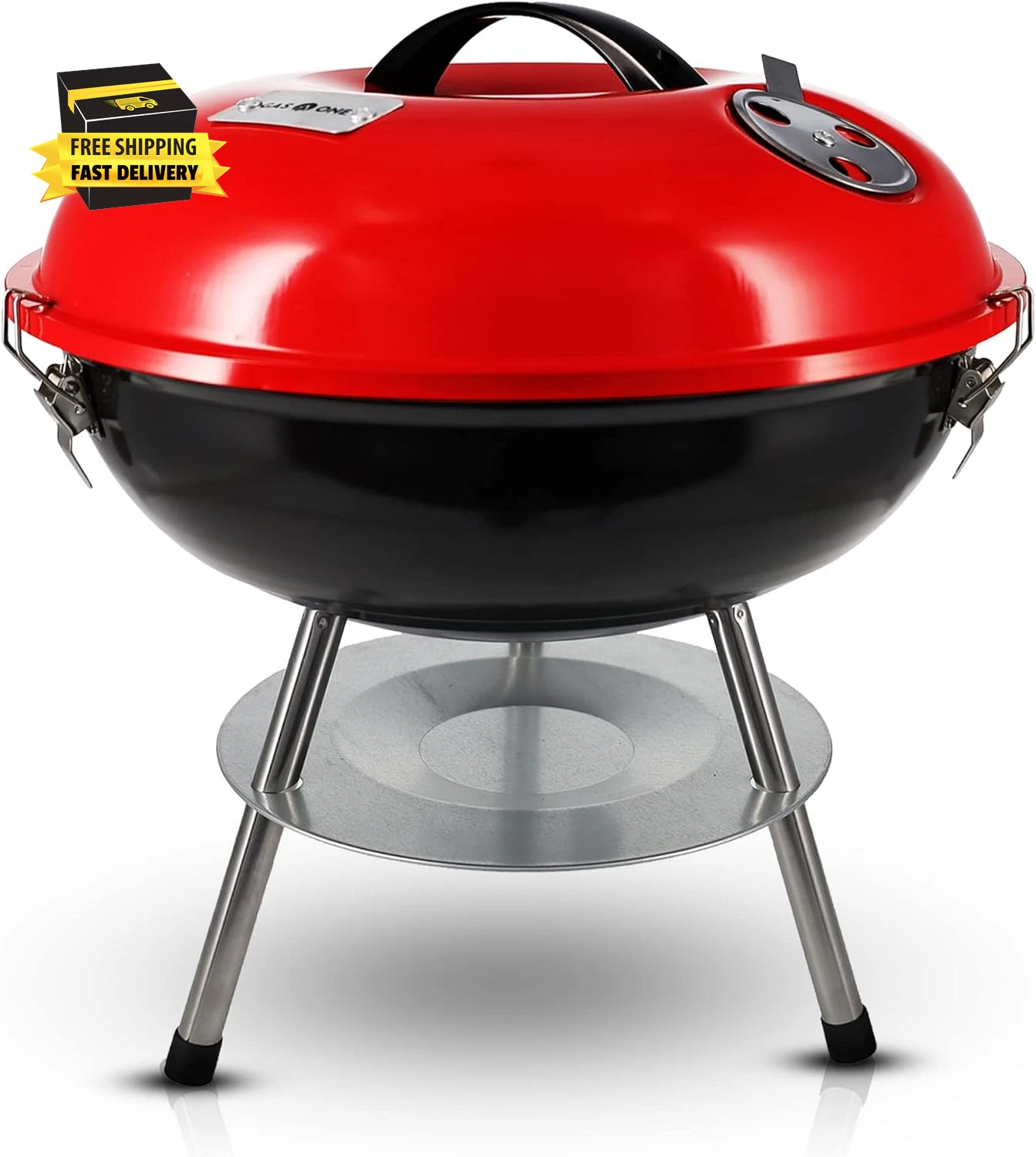 – 14-Inch Portable Barbecue Grill with 3-Point Locking Lid for Heat Preservation