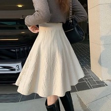 Women's Solid Shirring Elastic High Waist Lady Slim Knittd A-line Pleated Skirt