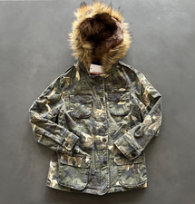 Girls Vintage Havana Green Brown Camo Faux Fur Hood Trim Jacket M 10-12
