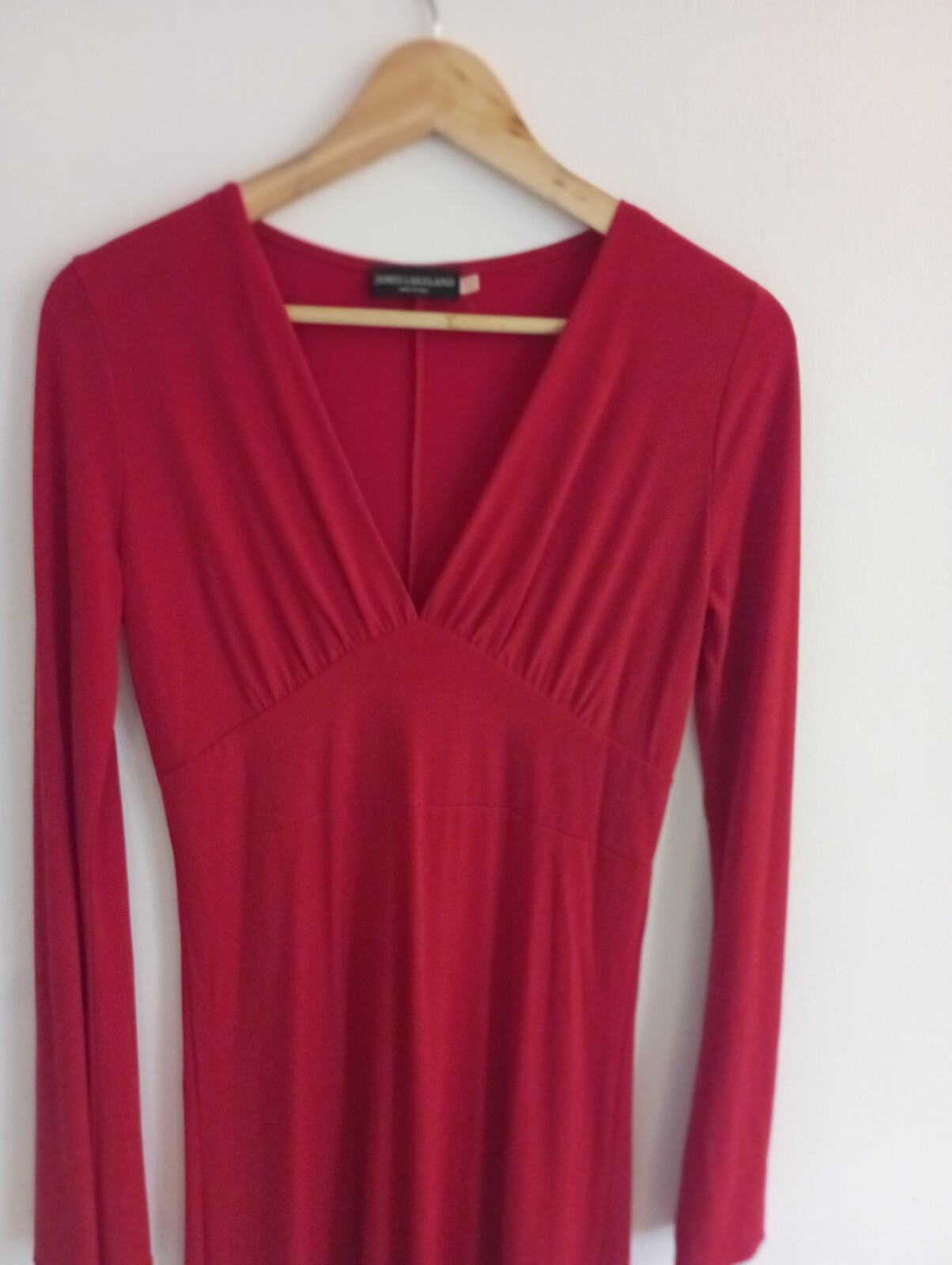 James Lakeland long sleeved red dress, fitted at bust, v neck, flared