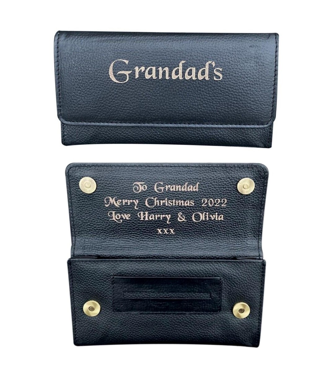 Personalised Engraved Real Leather Black Tobacco Pouch Birthday Gift Dad Grandad