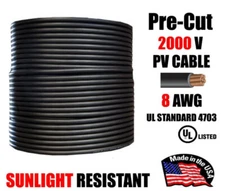 8 AWG PV Wire Black Solar Cable 1000/2000V Copper – Pre-Cut 50–400 Ft