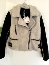 Jaune Rouge. Fluffy Grey-white Borg Trim Biker Jacket, Faux Suede Sleeves.  Med.