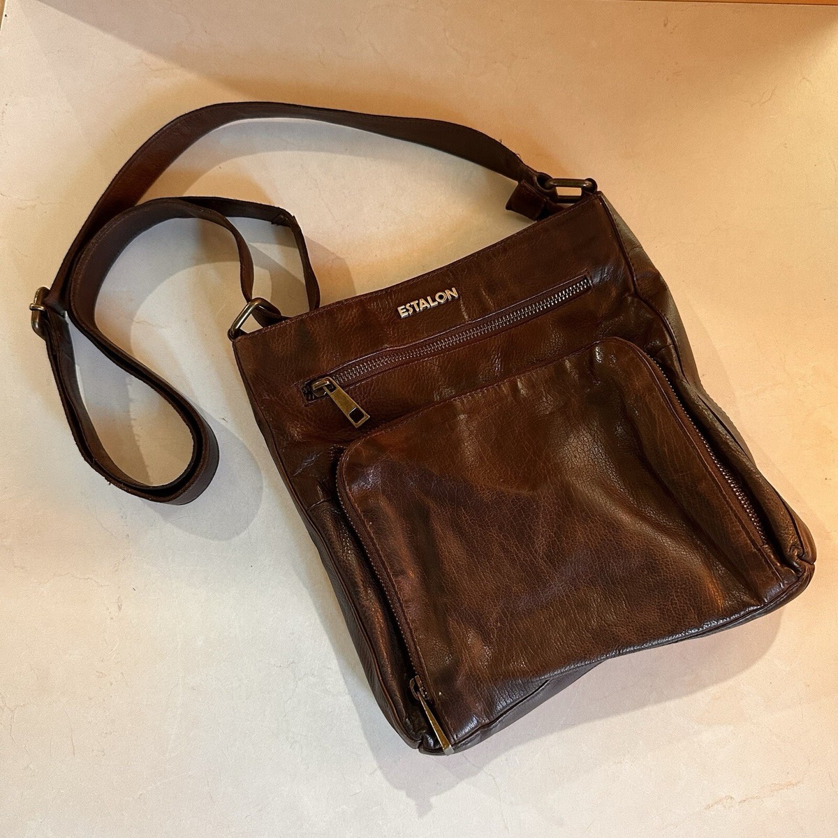 Estalon Brown Genuine Leather Crossbody Bag Messenger Bag Purse