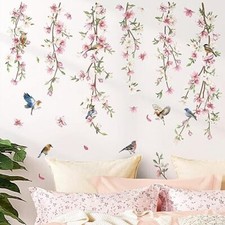 Hanging Flower Vine Wall Decals Pink Floral Leaves Birds Wall Stickers A