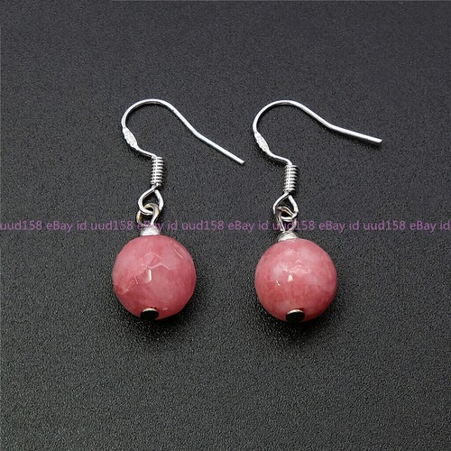 Faceted Pink Rhodochrosite Round Gems Dangle Silver Hook Earrings 8/10/12mm AAA - Picture 1 of 12