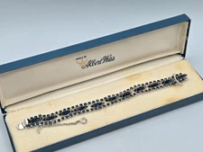 Vtg Albert Weiss Bracelet Original Box Silver Faux Sapphire Marquise Crystals