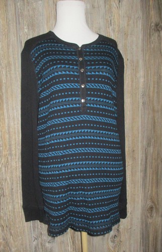 Chaps Womens Plus Size 1X Black Blue Thermal Long Sleeve Top Aztec Western Cabin