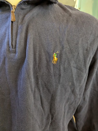 Polo Ralph Lauren Estate Rib Sweater Mens Large Navy Blue 1/4 Zip Flesh Pony - Picture 3 of 7